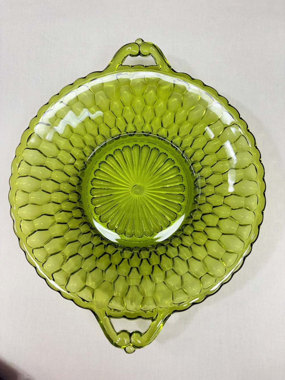 Vintage Indiana Glass Avocado/ Olive Green Honeycomb Handled Dish